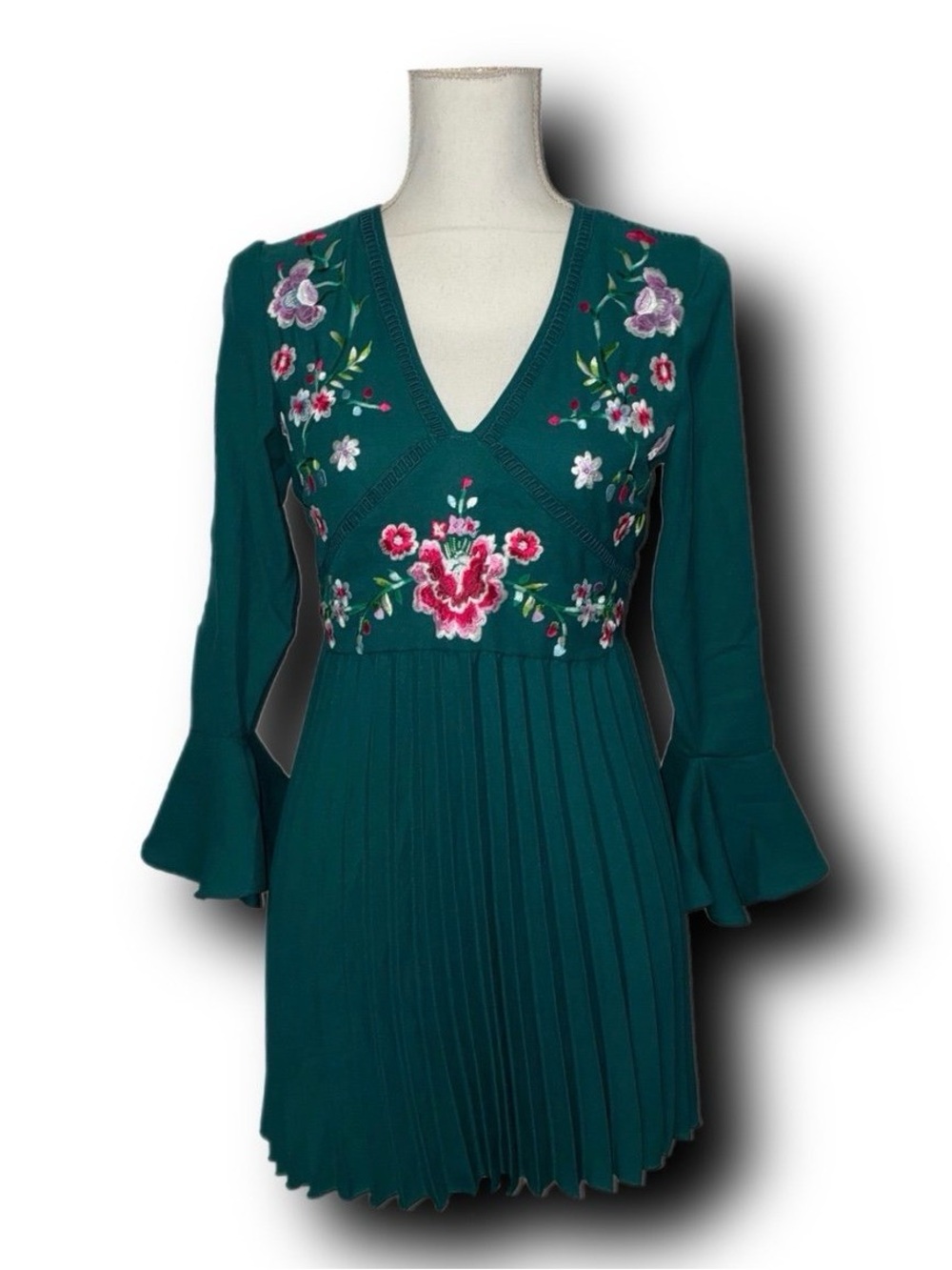 ASOS DESIGN Pleated Teal Mini Dress with Embroidery Cottage Twee